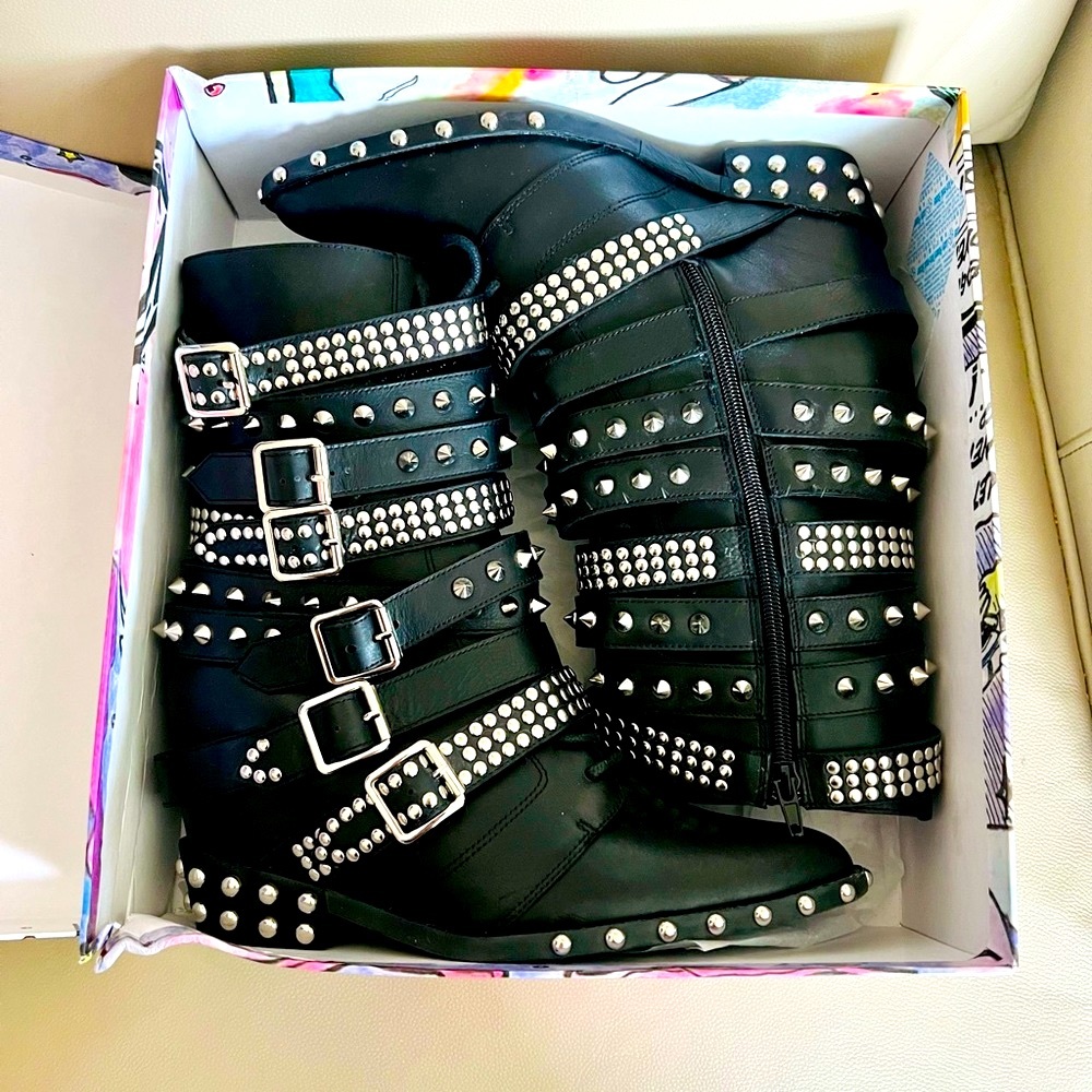 Jeffrey Campbell Draco Black Studded Multi Buckle Boots